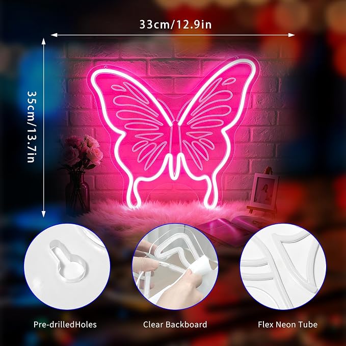 Neon Sign, Butterfly Neon Signs for Wall Decor LED Signs Neon Light | Butterfly Neon Sign, Pink LED Signs for Bedroom, Living Room, Party, Club, Bar, Home Decor, Pink Decor, Gift, USB Powered