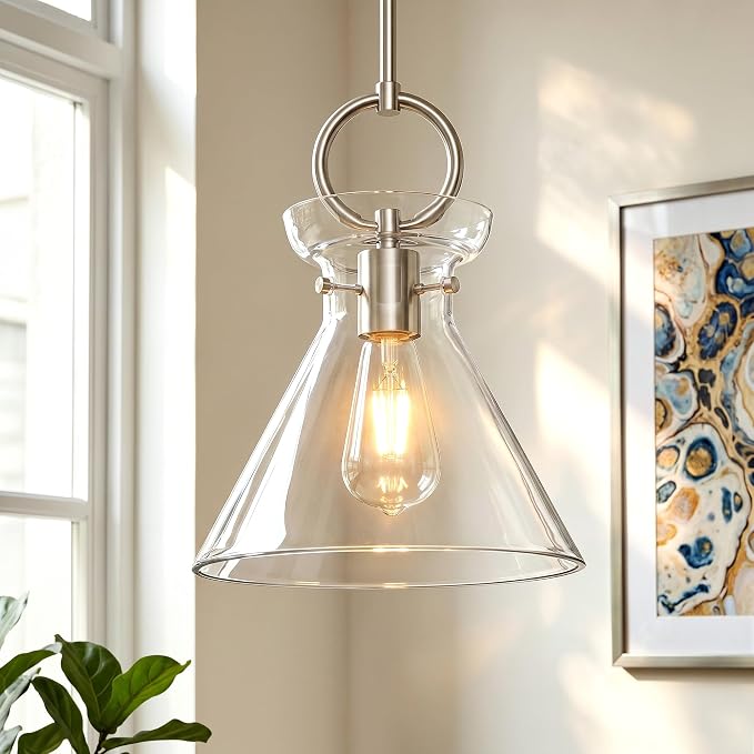 Glass Pendant Lights Kitchen Island Nickel 9.84'' Clear Glass Shade | Modern Pendant Lighting Over Sink, Adjustable Hanging Ceiling Light, E26 Dimmable Hardwired for Dining Room Hallway, 1-Pack