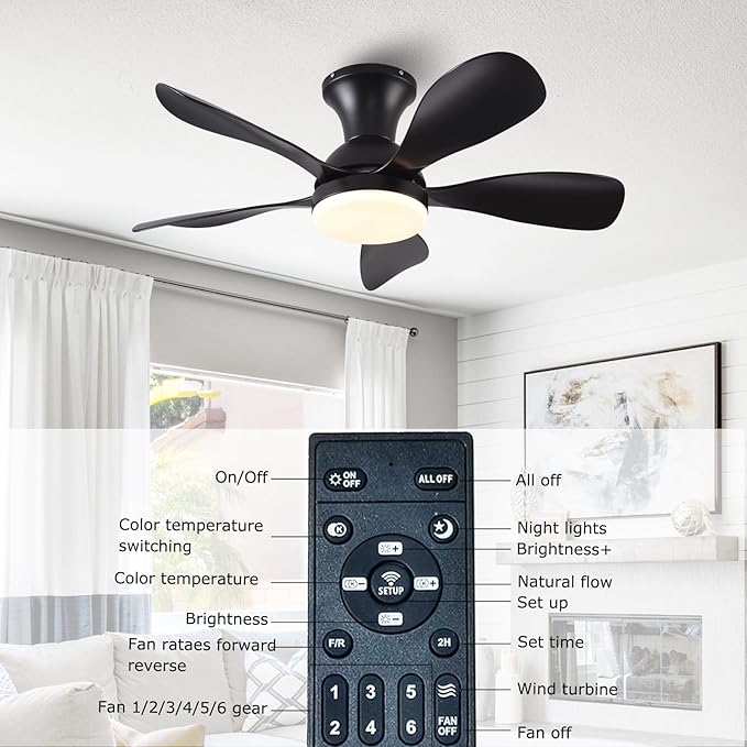 33In Black Low Profile Ceiling Fans with Lights and Remote/APP Control, Modern Flush Mount Ceiling Fan with 5 Reversible Blades for Outdoor Patio,Small Room,Bedroom…