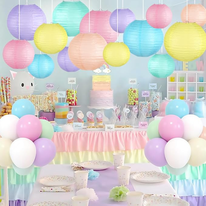 15-Pack Pastel Classroom Decor, Hanging Paper Lanterns for Parties | Macaron Rainbow Colors in 6, 8 & 10 Inch for Easter, Birthdays, Baby Showers, Weddings, Graduations, Mother's Day