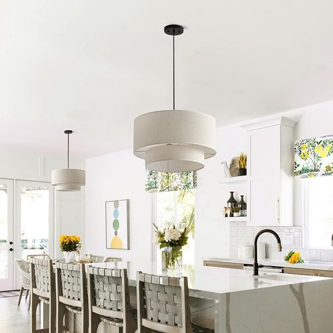 Aiwen 20" Drum Pendant Light Fixtures, 2-Tier Farmhouse Pendant Lighting | Linen Lampshade, 3-Light Modern Hanging Chandeliers for Dining Room, Living Room, Bedroom, Kitchen