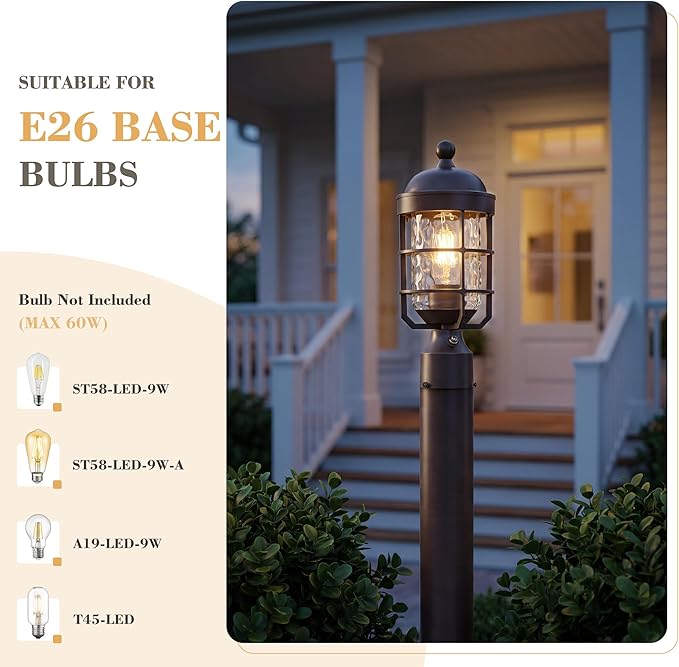 Emliviar Oil Rubbed Bronze 14" Outdoor Lamp Post Lighting with Photocell Sensor, Water Ripple Glass Modern Post Lantern for Yard, Dusk to Dawn Pole Light, GE255P-L-PC ORB-WG