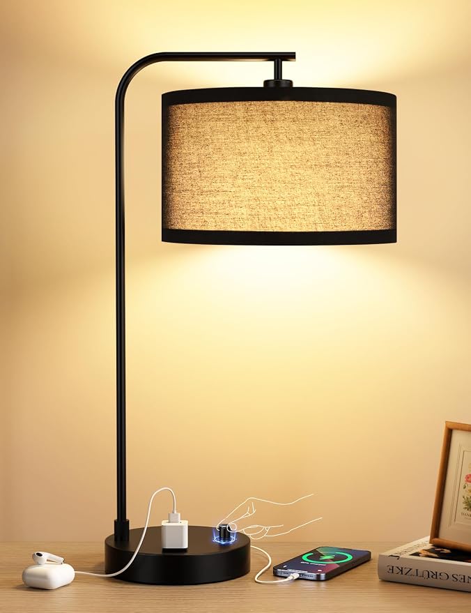 Innqoo Black Table Lamp for Bedroom with USB Port and Outlet, Dimmable Nightstand Bedside Lamps with Linen Lampshade, Desk Lamp for Home Office, Living Room, Guest Room, LED Bulb Included