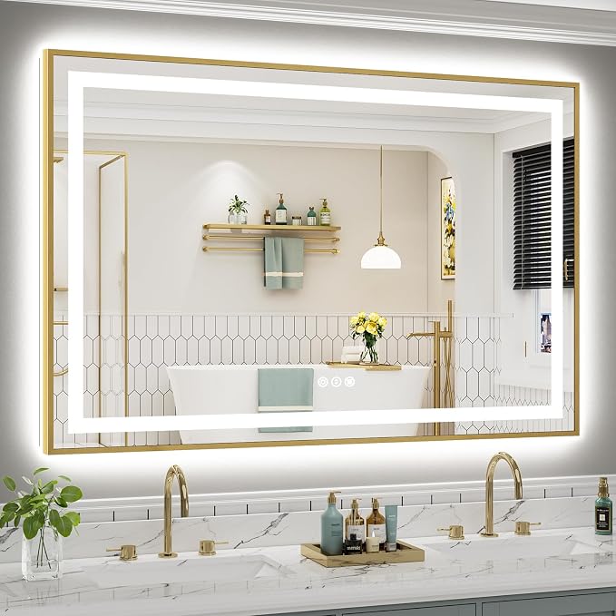 60x40 Inch LED Bathroom Mirror with Gold Frame, Backlit & Front Lit | Anti-fog, 3 Color Dimmable, Memory Function, HD Reflection Tempered Glass, ETL Listed, IP54 Waterproof