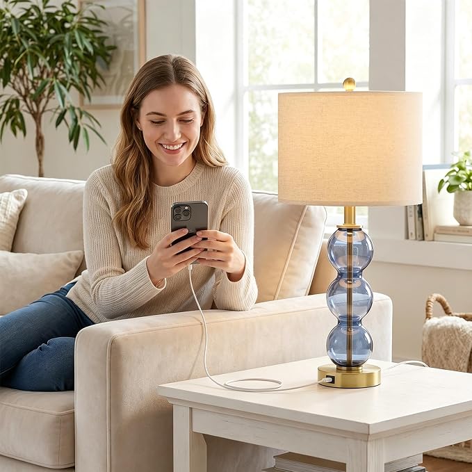 25" Blue Table Lamps for Living Room, Glass Modern Table Lamp Set of 2, USB Charging Ports, Linen Shade, Bedside Lamps for Bedroom, Nightstand, Side Table