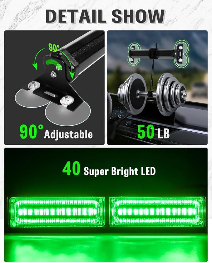 HLauto 1002L Emergency Strobe Traffic Advisor Light Bar: 40 LED Dash Safety Warning Flashing Light, Front/Rear Windshield Visor Lights for Construction Vehicle, Tow/Plow Truck (2x10.7inch, Green)