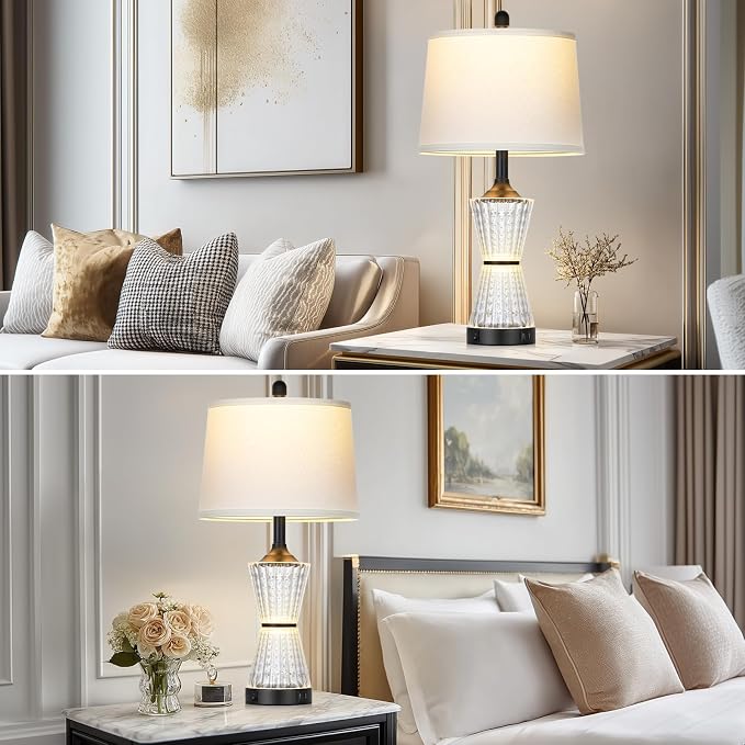 Modern Table Lamps for Living Room, 26" Tall Black Table Lamp with 2 Textured LED Night Light, 2 USB Charging Port & AC Outlet, Bedside Lamps for Bedroom Nightstands End Table Office, 2 Bulbs Included