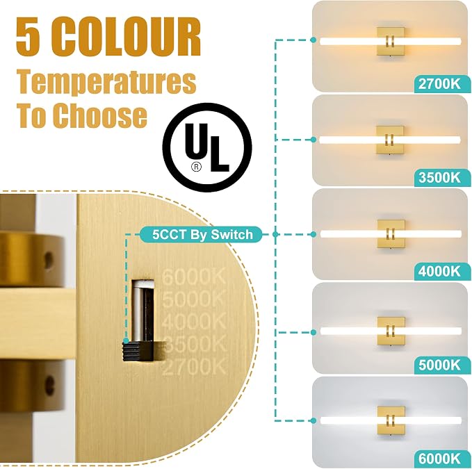 Gold Bathroom Light Fixture LED Vanity Light 22" Wall Sconce | 5CCT Dimmable Wall Light, Modern 360° Lighting, 18W Hardwired Vanity Light for Bathroom, Flicker-Free