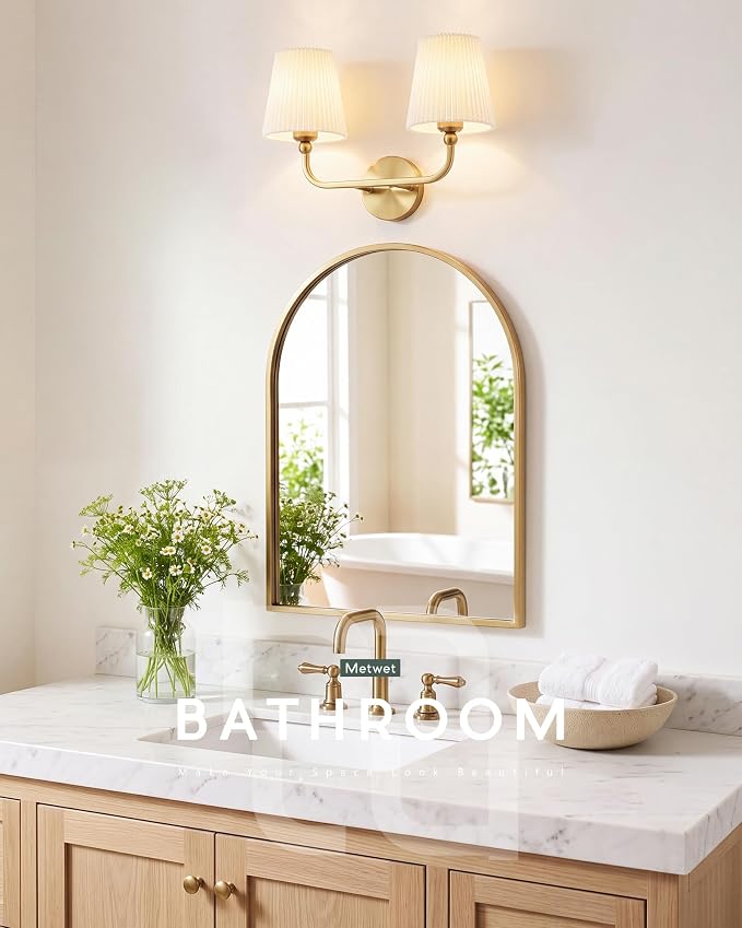 2-Light Gold Bathroom Vanity Light, Beige Pleated Fabric Shade | 17" 2-light gold double wall sconce with beige pleated fabric shades, E26 bulbs, hardwired, upward only, VL837-BG-Z-B-2