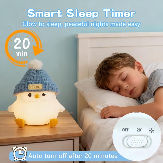 FAMIDUO Penguin Night Light for Kids, Silicone Nursery Lamp with Knit Hat