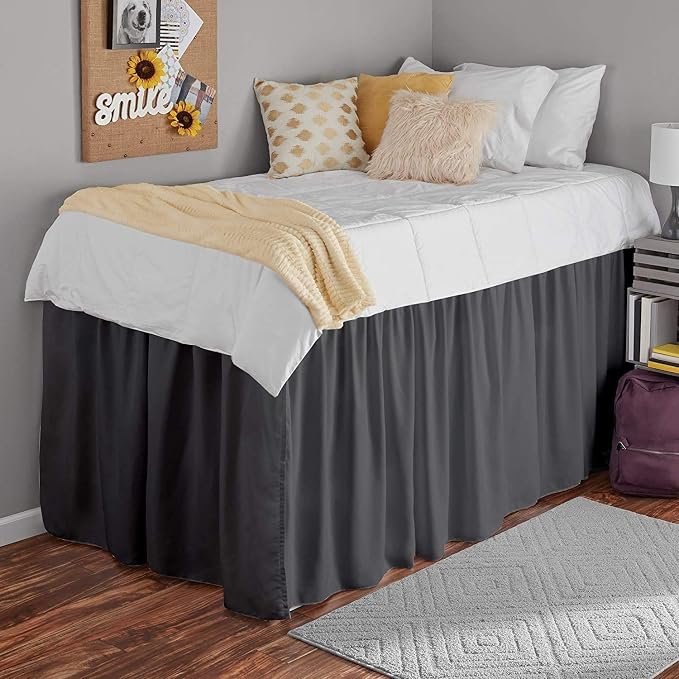 Shreem Linen Dorm Bed Skirt Twin XL, 36 Inch-Drop, 100% Microfiber Extra Long Bedskirt, Dark Grey