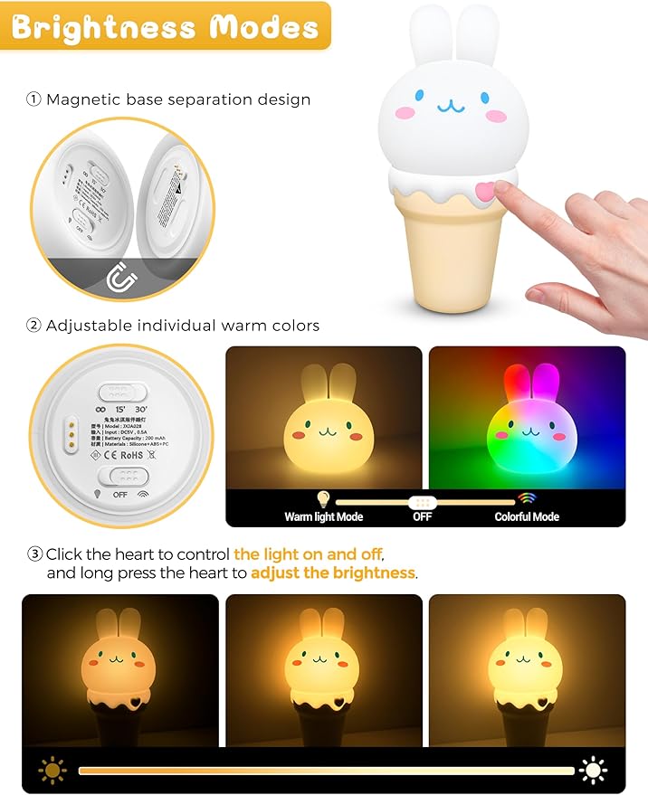LOHAS Bunny Ice Cream Cute Night Lights, 7 Colors Kawaii Desk Decor, Pat Control and Rechargeable Base, Funny Gift, Bedroom and Nursery Décor