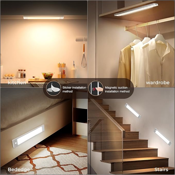VST 2 Pack Wireless Rechargeable Cabinet Lights Motion Sensor | 3 Color Temperature Dimmable Aluminum Magnetic Night Light with 1800mAh Battery for Kitchen,Closet,Pantry,Hallway,Stair