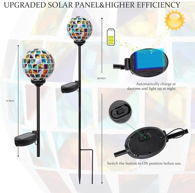 VCUTEKA Decorative Solar Garden Lights, 3.5" Mosaic Globe Outdoor Stake | Mosaic Glass Globe Design, Solar LED Light, Waterproof Design, Auto On/Off and Metal Stake Design for Lawn and Patio
