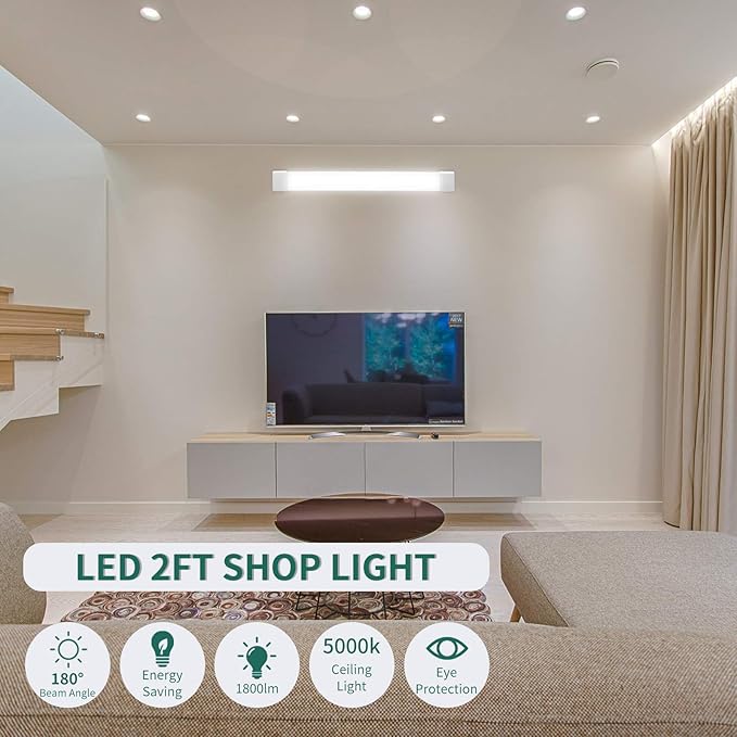 KUKUMAO 5000K Plug-in LED Tube Light Fixture, 18W Linkable Cabinet Light for Garage, Kitchen, Bathroom, Closet, Office - 2Ft, Triproof, White