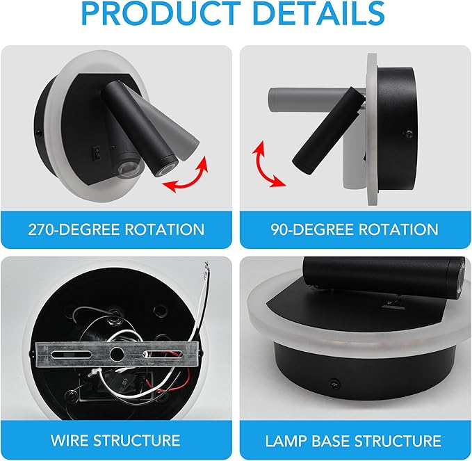 Facon 12V RV Wall Sconce Reading Light with w/18W USB-C Fast Charger, 270° Rotatable Spot Lights with Independent Switches, RV Interior Light for Bedroom, Camper, Trailer, Tiny Homes