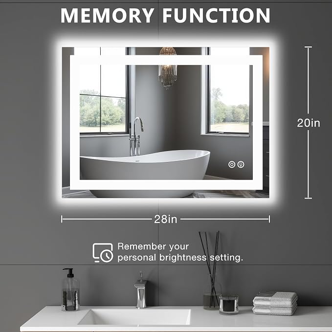 DUMOS 20.1"x28.1" LED Bathroom Mirror, Bathroom Vanity Mirror | Smart Anti-Fog, Front Light and Backlit, 3 Color Temperatures, Dimmable, Memory Function