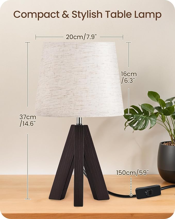 Small Table Lamp for Bedroom, 14.6" Bedside Lamp with Beige Linen Shade & Walnut Wood Tripod Base, Modern Nightstand Lamp for Living Room, Nursery, Entryway, E26 Socket, VE51TL05