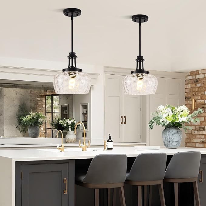 Modern Pendant Lights Kitchen Island, Matte Black Pendant Light Fixtures with 10" Clear Hammered Glass Shade, Industrial Hanging Pendant Lights Fixture for Kitchen Island Dining Room Bedroom Entryway