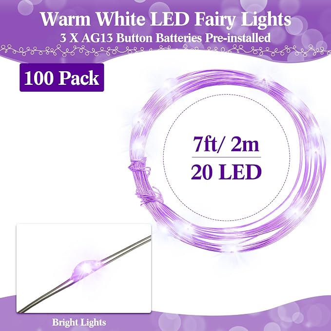 100 Packs Fairy Lights Battery Operated 3 Speed Modes, 7 Ft/ 2 M 20 LED Battery String Mini Waterproof Wire Twinkle Lights Bulk for Wedding Party Birthday Vases Decor (Purple Light)