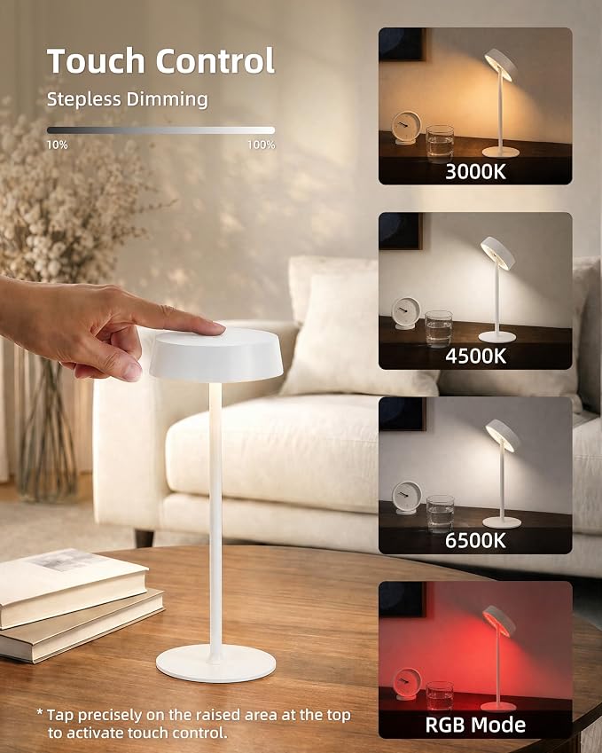 EZVALO Cordless Lamp, Rechargeable Table Lamp, Battery Operated | Portable Outdoor Waterproof, 3 Color Temps RGB, Dimmable Touch Control, LED Memory Function, Restaurant Dining Patio White2Pc