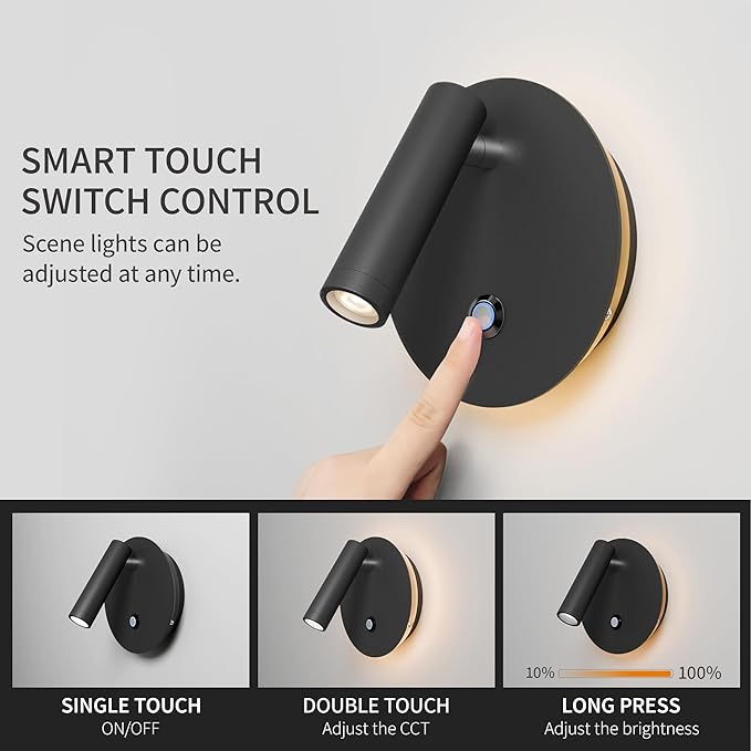 Aisilan 2-Pack Modern Wall Sconce with Touch Switch, Dimmable 6W Adjustable Wall Lamp, Dual-Mode Hardwired Bedside Lights, Black Wall Mounted Lighting for Bedroom, Living Room & Hallway