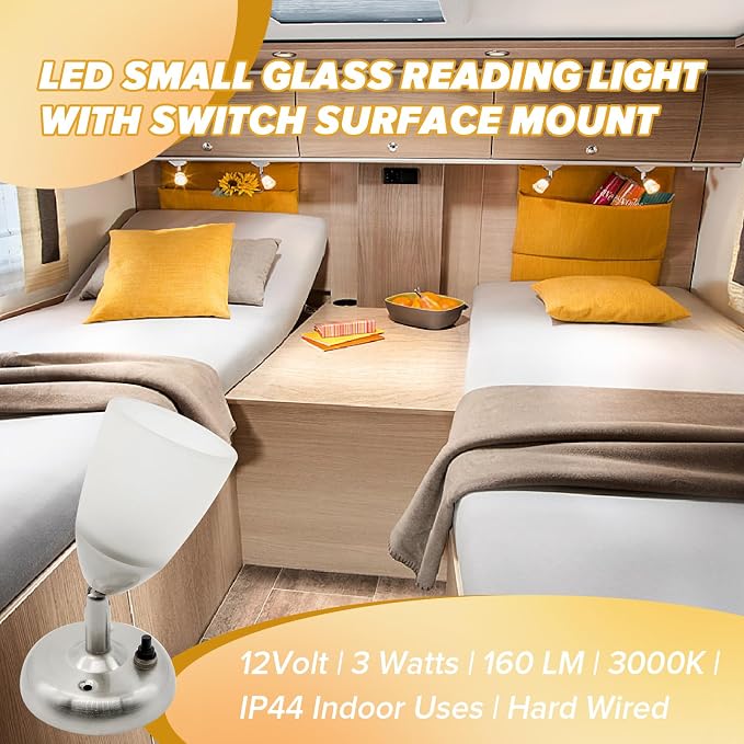 RV Reading Lights 12 Volt Interior Bedside Lamps with Switch Wall Sconces Light Fixtures 3000K-Warm White Lighting, 3W, 160 Lumens, 3.2x5.7 inch, Set of 2
