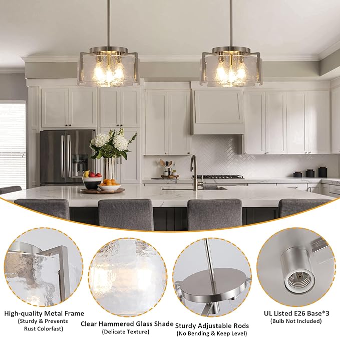 Nickel Chandeliers for Dining Room Light Fixture, 3 Light Entryway Light Fixture, Adjustable Pendant Lights Kitchen Island Modern Farmhouse Kitchen Foyer Chandelier for Entryway, Bedroom, Bathroom