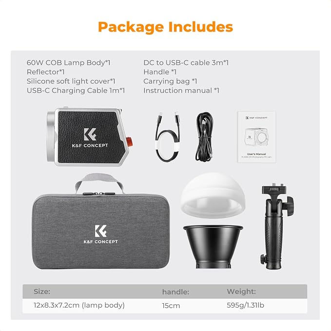 K&F CONCEPT 60W Bi-Color COB Video Light with Handle & App Control | 4500mAh Battery, Type-C PD Fast Charging,12 Light Effects, Lighting for Photography PL-60B
