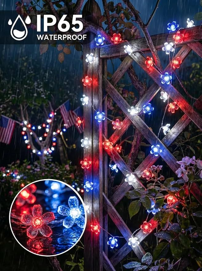 July 4th Independence Day Flower Battery Operated Indoor String Lights 30L | Red Blue White Cherry Blossom Outdoor Fairy Lights Waterproof Memorial Day