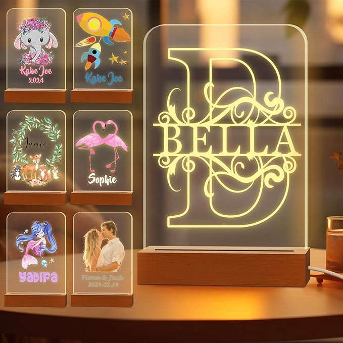 Personalized Night Light for Kids Custom Engraved Name Acrylic LED Lights with Wood Base for Nursery Bedroom Decor Night Lamp, Customized Birthday Gifts for Boy and Girl,Initials