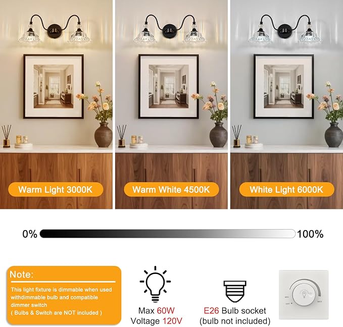 Farmhouse Bathroom Vanity Light Fixtures 2 Lights Matte Black Vanity Lights for Bathroom with Floral Crystal Glass Shade Wall Lighting Fixtures Over Mirror(Exclude E26 Bulb)