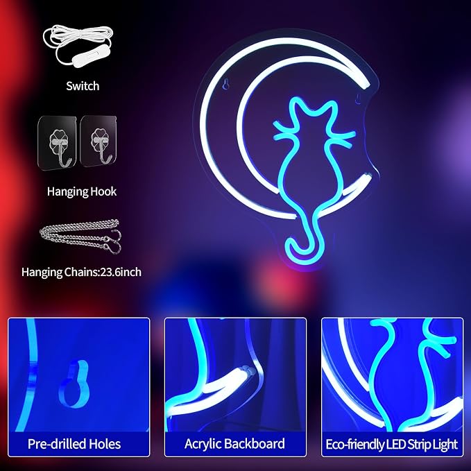 JEDAEMEN Moon Cat Neon Signs for Wall Decor White Blue LED Sign Neon Lights | Moon Cat Led Light Sign Preppy Room Decor Light Up Sign for Birthday Party Decoration USB Powered