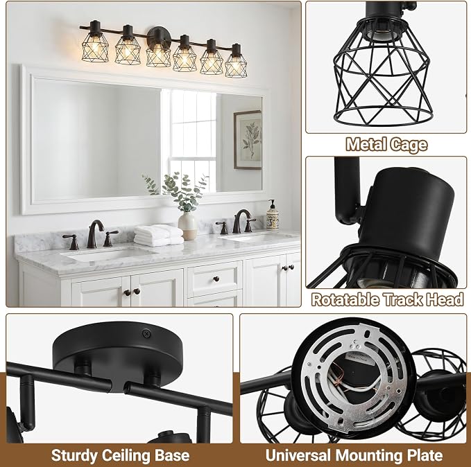 LOUSACE 6-Light Ceiling Track Lighting Fixtures, Multi-Directional Flush Mount Ceiling Spot Lights, Rotatable Black Track Light with Metal Cage for Farmhouse Dining Room, Living Room, E26 Base