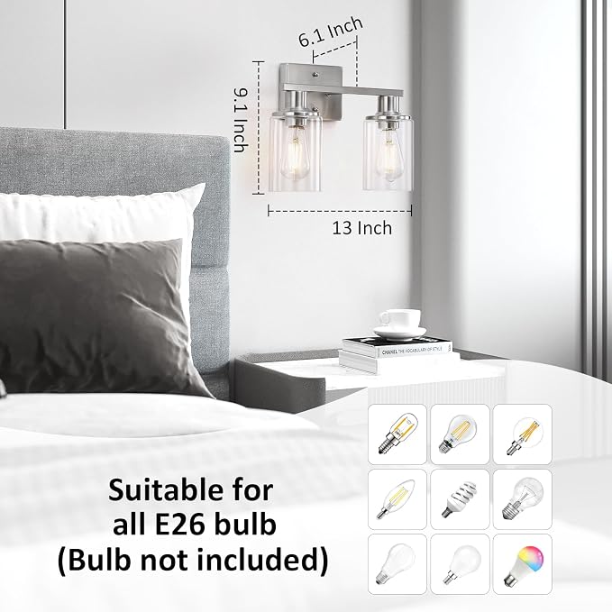 Brushed Nickel Bathroom Light Fixtures Over Mirror,2-Light Bathroom Vanity Light with Clear Glass Shade,Modern Farmhouse Wall Sconces Lighting for Mirror Kitchen Living Room Cabinet