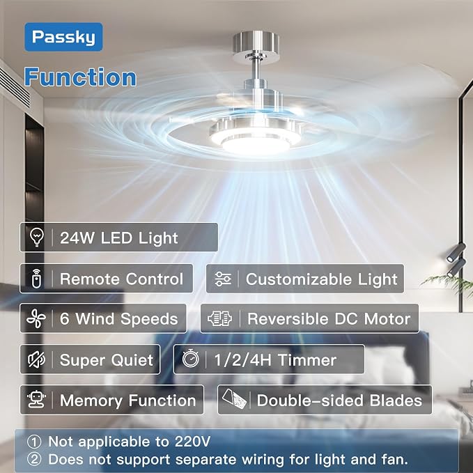 Passky 52 Inch Silver Sleek Ceiling Fans with 2-Ring Lights, Remote Control | 3-color dimmable light, quiet reversible DC motor, easy install, memory, Timer, bedroom, covered outdoor areas
