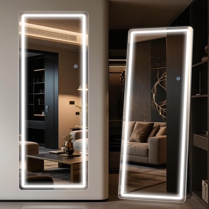 Antok LED Full Length Mirror with Light, 56"x20" Lighted Full Body Mirror with Stand, Dimmable & 3 Color Lighting Standing/Leaning/Wall Mounted Vanity Mirror for Bedroom Cloakroom Livingroom(Rect)
