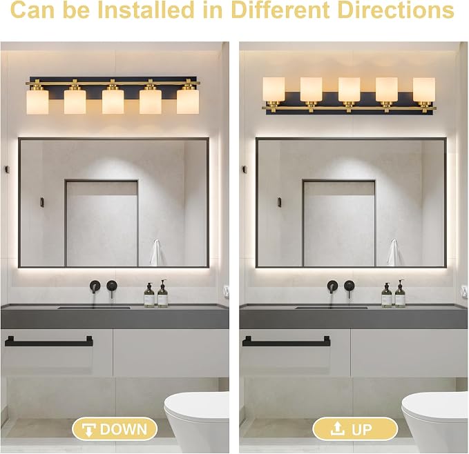 Modern Bathroom Light Fixtures Over Mirror, Vanity Lights for Bathroom Wall Sconces with Milky White Glass Shades, E26 Socket (Bulbs Not Included), 5 Light, Black Gold