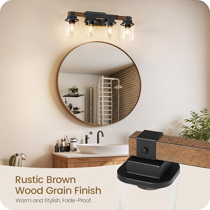 4-Light Bathroom Light Fixtures, Farmhouse Vanity Lights for Bathroom with Glass Square Shade, Rustic Vanity Lights, Sconce Wall Light, E26 Base (Bulbs Not Included), ETL Listed FS09BD05