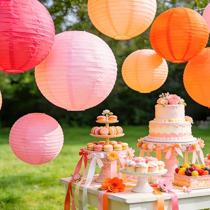 Vivid Color Paper Lanterns Set (12 Pcs) - 6/8/10 Inch Pink Orange Gradient Hanging Lanterns for Handmade, Party, Birthday,Bridal & Weeding,Baby Shower,Home Decor