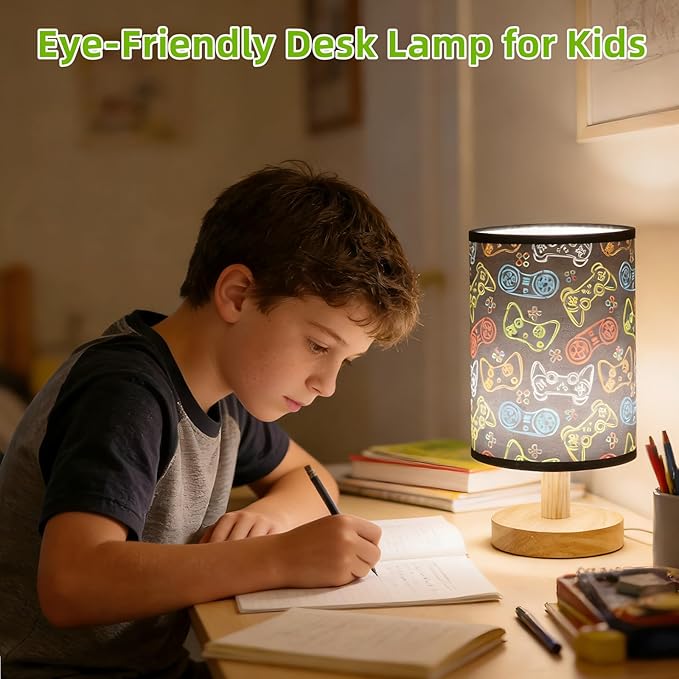 Video Game Table Lamp Kids Bedside Lamps for Bedroom 3 Colors Dimmable Nightstand Night Light Game Lover Decorative Lights with Flaxen Fabric Shade Desk Lamp for Girls Boys Home Playroom Decor