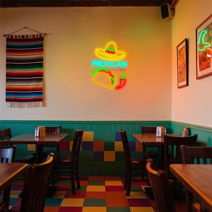 Mexican Taco Bar Neon Sign - LED Restaurant Decor for Mexican Kitchen, Taco Party Decorations, 16.5x12" USB Wall Light - Mexican Food Gifts for Restaurants & Homes
