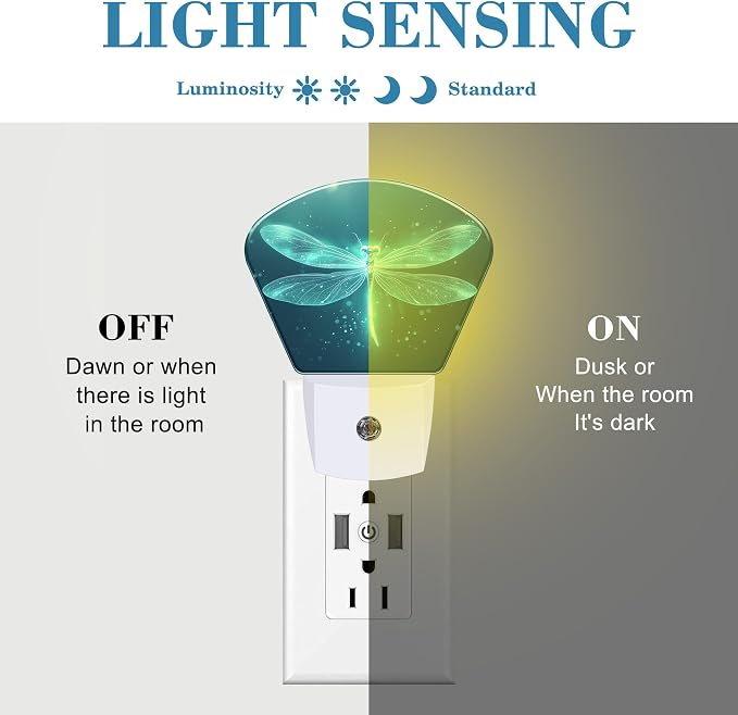 Fantasy Glowing Dragonfly Plug in Night Lights, Magic Dragonfly Nightlight Plug Into Wall Dusk to Dawn Sensor for Kid Girls Boys Women Men Room, Hallway, Kitchen, Bathroom, Stairs Decor