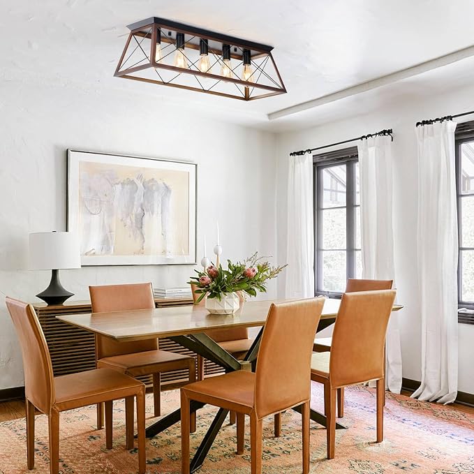 31.5" Flush Mount Ceiling Light, 5-Light Industrial Vintage Chandelier with Matte Black & Brushed Bronze Finish, Large Close to Ceiling Lighting for Dining Room, Kitchen Island, Living Room, Hallway