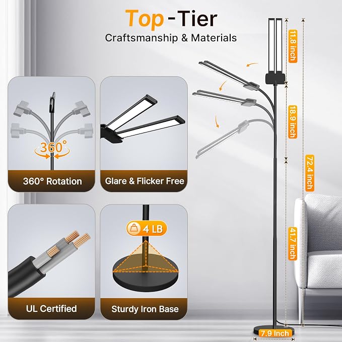Syrinx LED Floor Lamp, 18W 2000LM Bright Floor Lamp for Office, Living Room | Focused & Wide-Area Dual Light, Flexible Neck, Eye Care, Dimmable Brightness & Color Temp, Auto Timer, Remote/Gesture Control