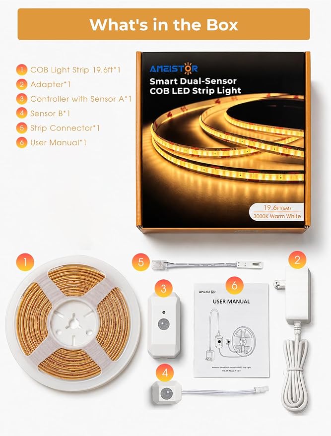 Smart Plug-in Dual Motion Sensor COB LED Strip Light for Under Bed, Under Cabinet, Hallway, Closet, 19.6ft APP Control, 3000K Warm White