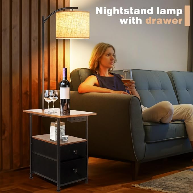 PESRAE Floor Lamp with Table & 2 Drawers, End Table with 3 Color Temperature Reading Light, Side Table Lamp with USB & Type C & AC Charging Port for Living Room, Bedroom