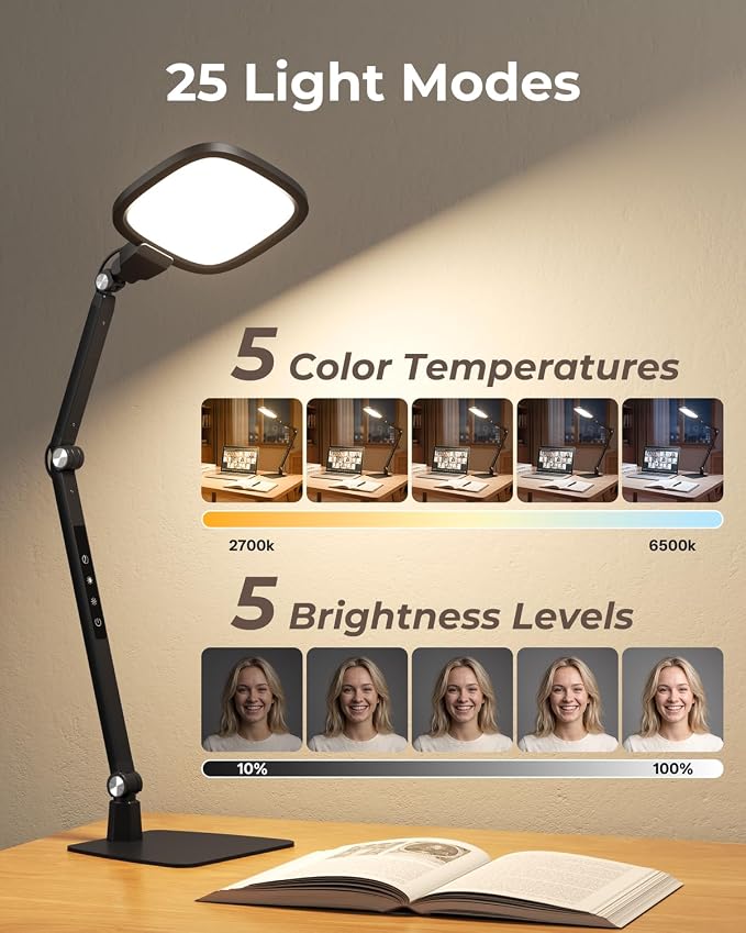 Led Desk Lamp for Office Home, Reading, Crafts & Zoom Swing Arm Task Lights | 1200lm Eye-Caring Light for Computer Monitor, Dimmable 5 Color & Brightness, 30/60 Min Timer, Memory Function, Touch & Remote