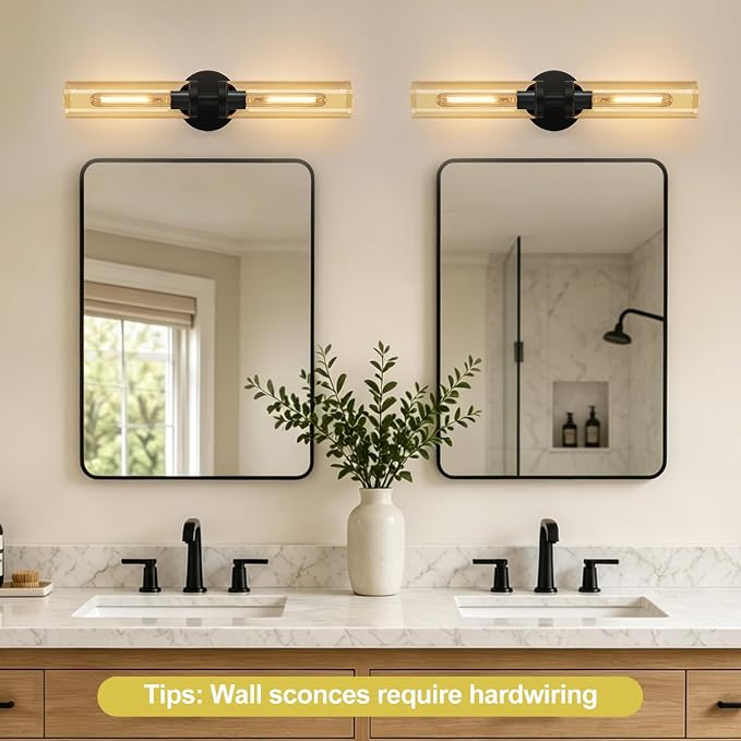 Indoi Wall Sconces Set of Two, Hardwired Matte Black Bathroom Sconces Wall Lights with Amber Glass, Modern Sconces Wall Decor Set of 2 Vanity Light fixtures for Bathroom Mirror Bedroom