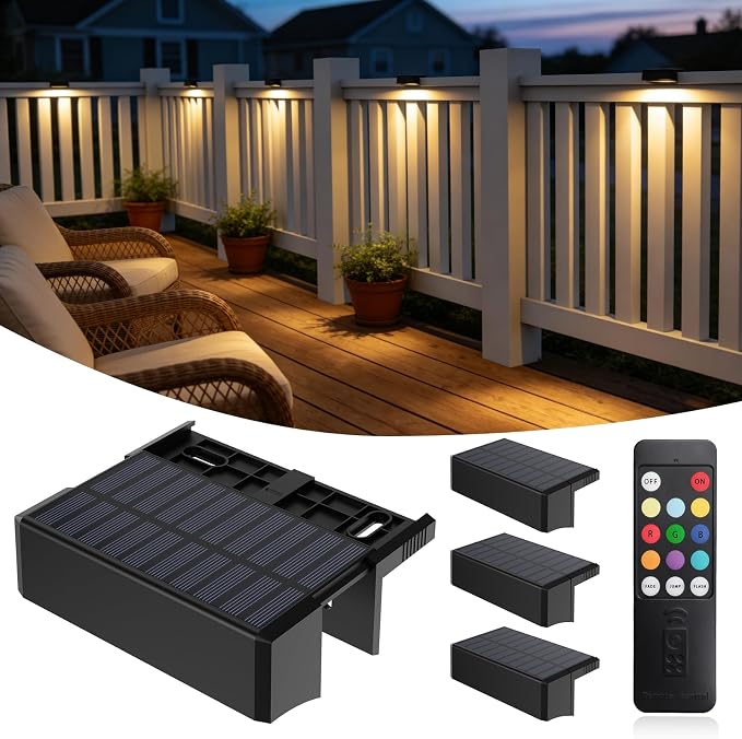 Solar Fence Lights Outdoor 4 Pack, 60 Lumen Deck Light Solar Powered with Remote, 9 RGB Colors IP65 Waterproof, 5 LED Color Changing Solar Lights for Outside, Patio, Step, Stairs, Railing, Yard, Wall